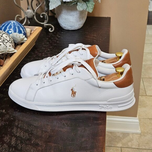 Polo Men's Heritage Court Leather Sneakers, White/Khaki, Sz 13 - Picture 3 of 16